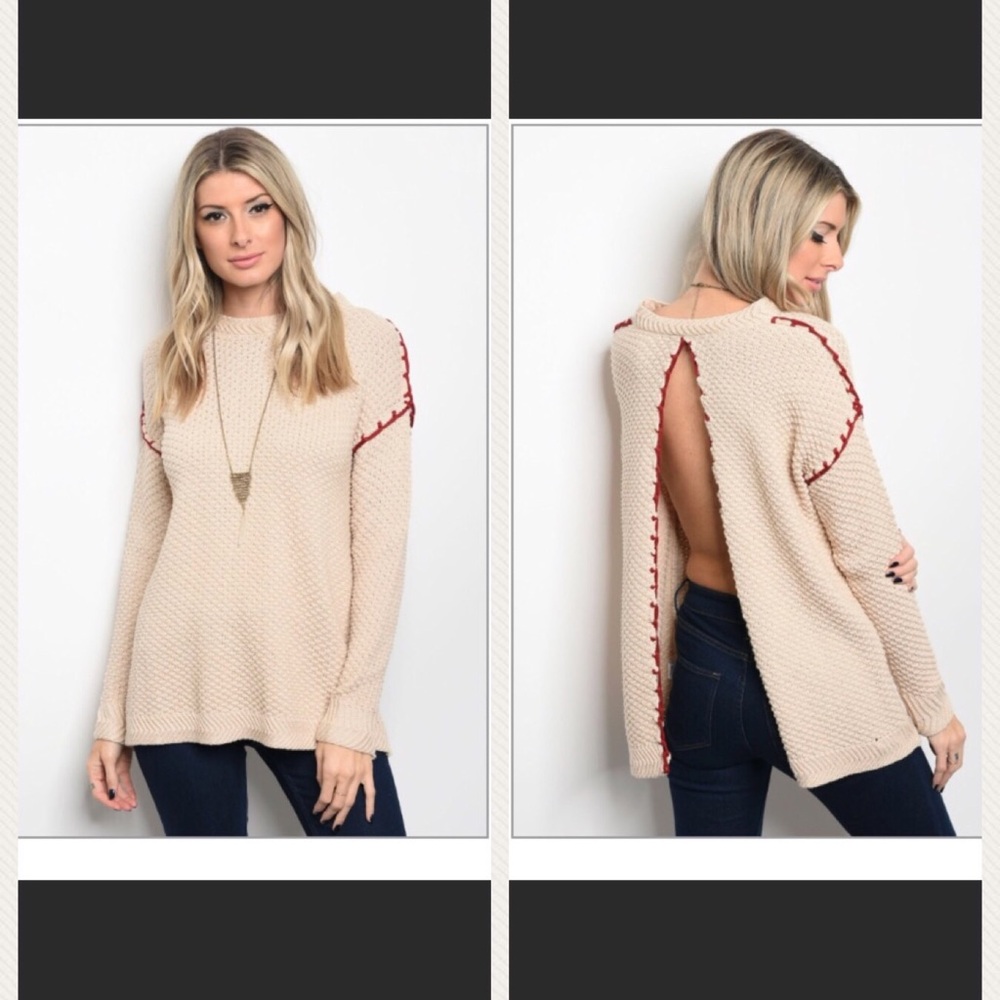 Open Back Cream Sweater with Red Accents